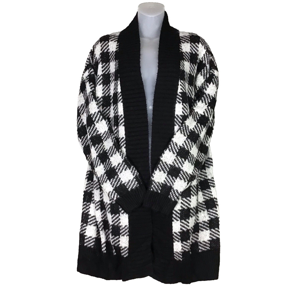 BP Women’s Cardigan L Black White Buffalo Check Plaid Open Front Sweater NWT